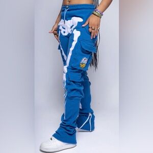 Trendy Blue Skeleton Print Cargo Pants